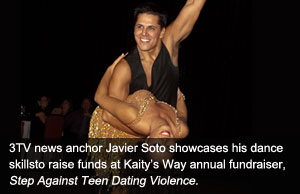 Photo of Javier Soto smiling and waving captioned "3TV news anchor Javier Soto showcases his dance skills to raise funds at Kaity Way's annual fundraiser, Step Against Teen Dating Violence"