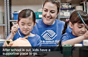Photo of two young asian girls painting with their mentor captioned "After school is out, kids have a supportive place to go"